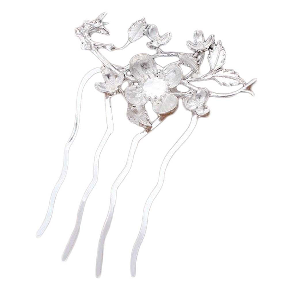 2 Pcs Vintage Silver Metal Side Comb Flower Leaves Chinese Style Wedding Veil Hair Clip Comb Hanfu 4 Teeth Hairpin Updo Accessory Hair Pin