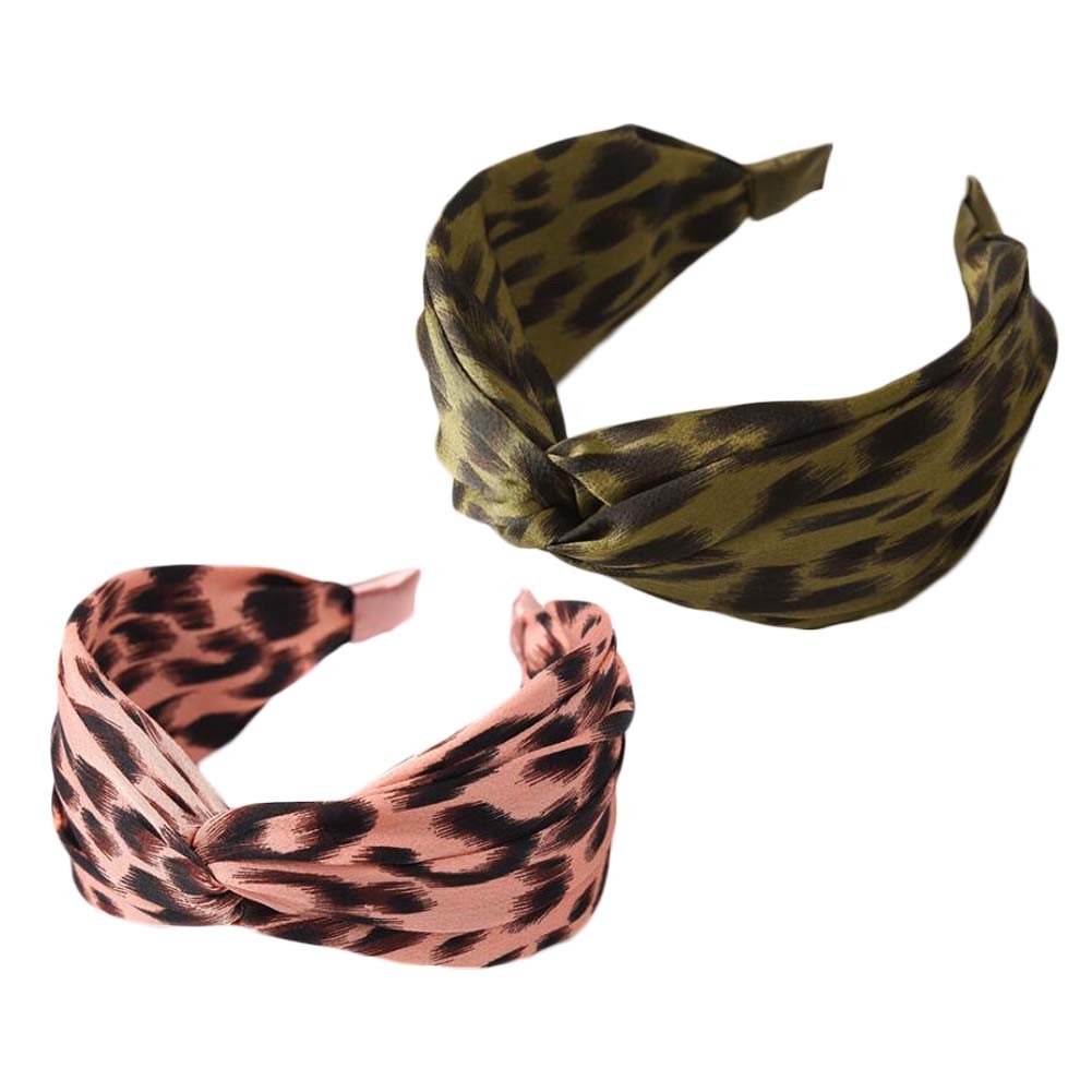 2 Pcs Leopard Print Headbands for Women Wide Twist Knot Turban Hairbands Animal Pattern Hair Hoops Hair Accessories