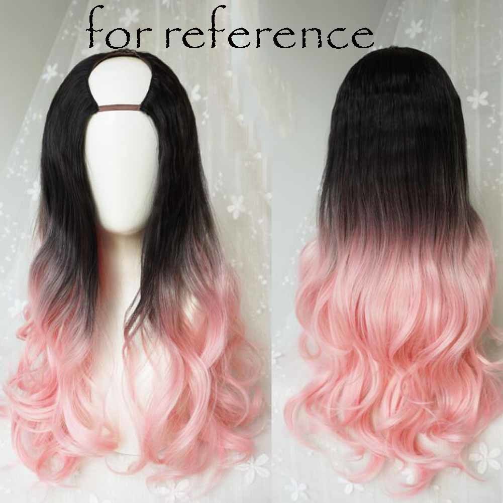 Pink Black 65 cm U Shape 2 Tone Long Curly Hair Wig Synthetic Full Wig Cosplay Halloween Dress Up