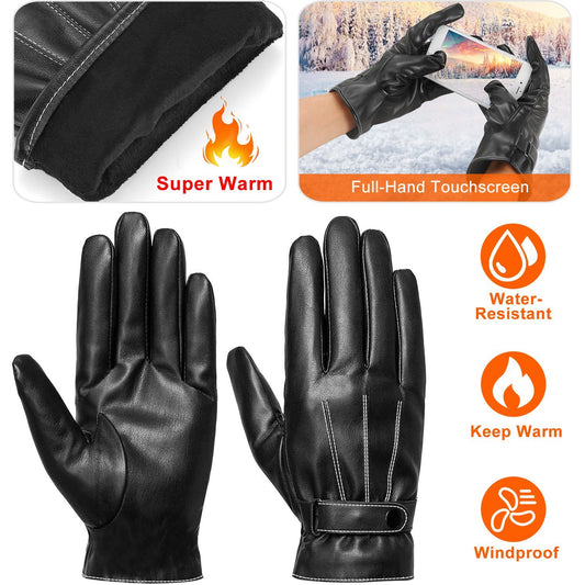 Men's Leather Winter Gloves Touchscreen Outdoor Windproof Cycling Skiing Warm Gloves