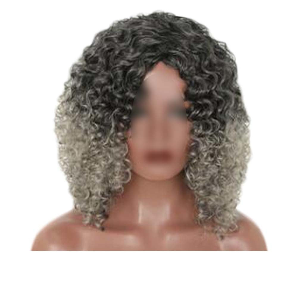 Black Dark Grey Afro Hair Wig 2Tone Short Curly Fluffy Wigs with Bangs Synthetic Hair Full Wig,16 inch