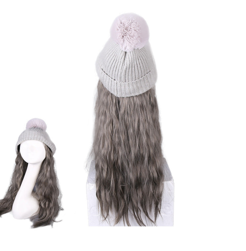 Womes Grey Winter Knit Hat with Ombre Grey Synthetic Long Curly Corn Wave Hair Attached