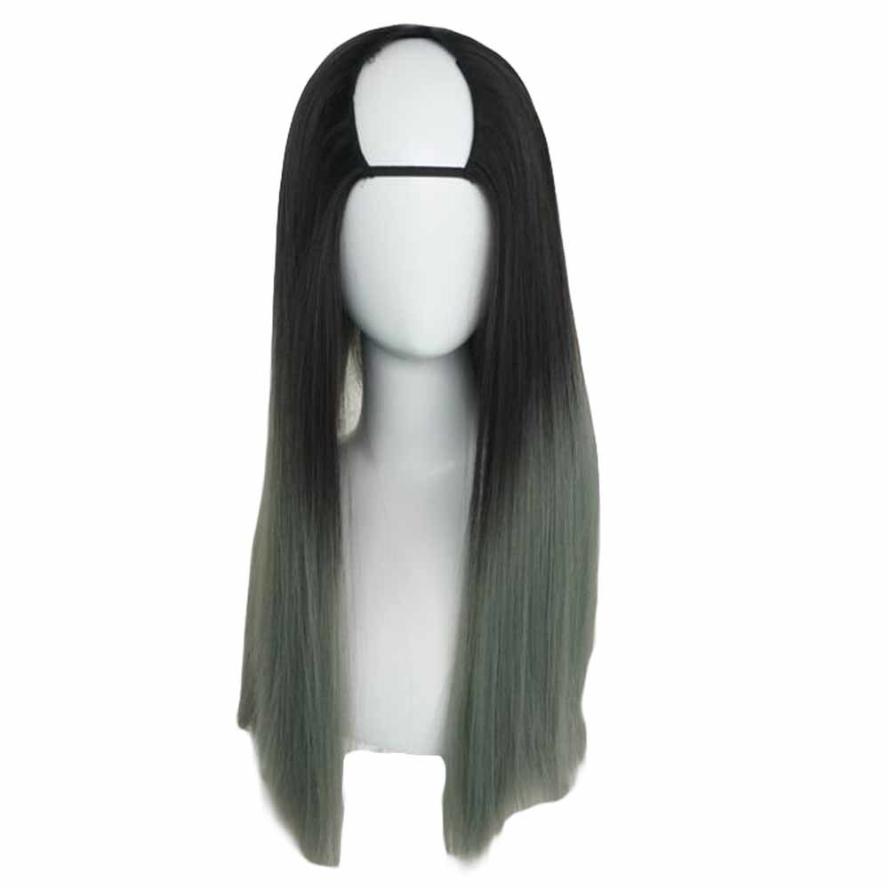Black Ash Grey 65 cm U Shape 2 Tone Cosplay Full Wig Long Straight Hair Wig Halloween Dress Up