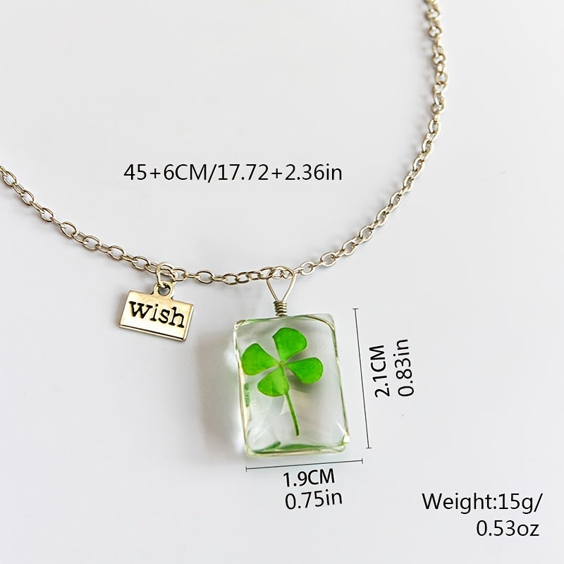 Botanical Specimen Four Leaf Clover Square Necklace Dried Flower Neck Chain Love And Luck Plant Jewelry For Women Girls Gift