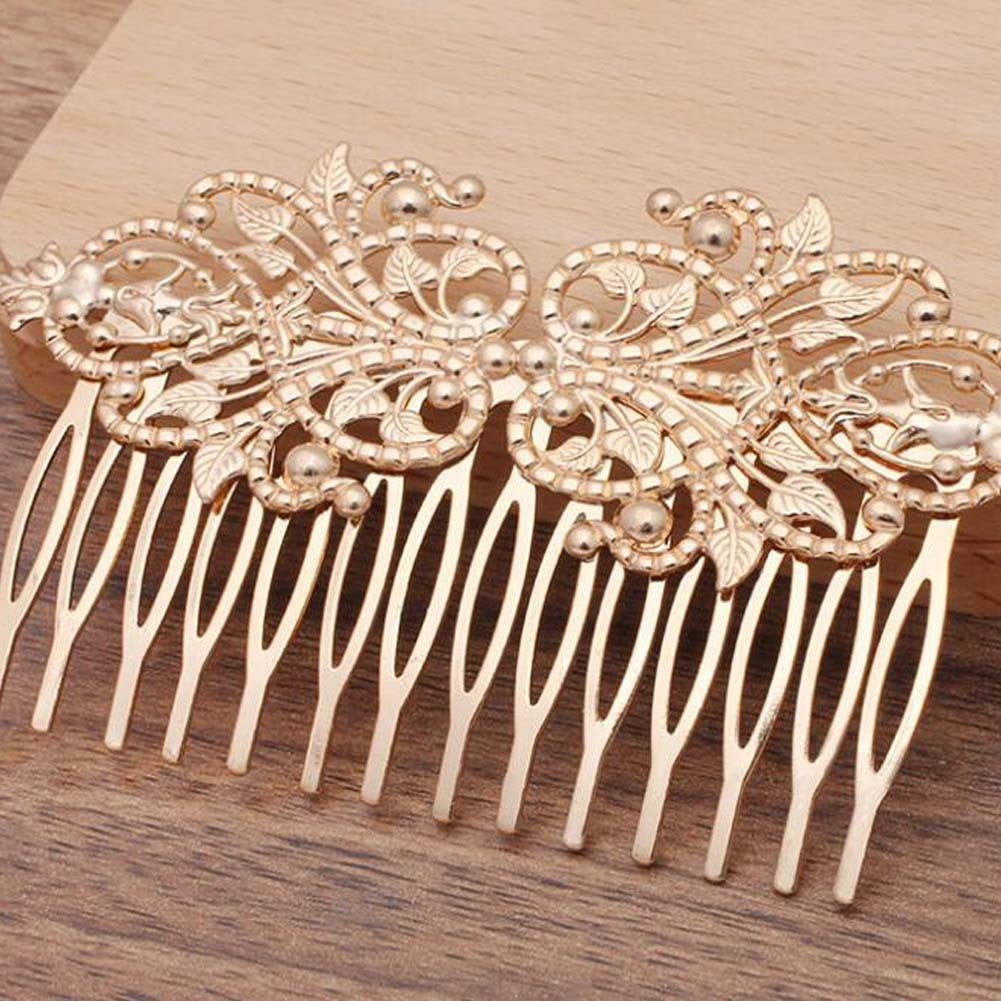 2 Pcs Vintage Metal 14 Teeth Side Comb Flower Vine Cirrus Hairpin Decorative Comb, KC Gold Hair Pin