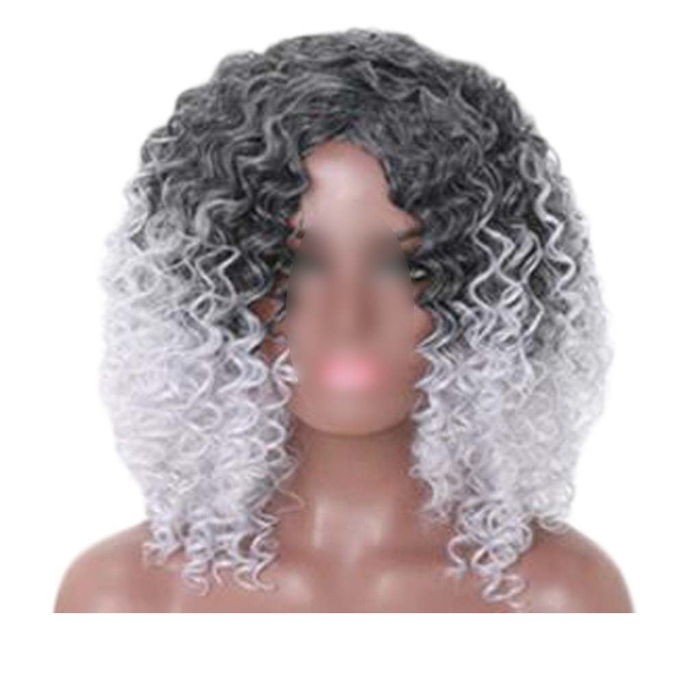 Black Grey Afro Hair Wig 2Tone Short Curly Fluffy Wigs with Bangs Synthetic Hair Full Wig,16 inch