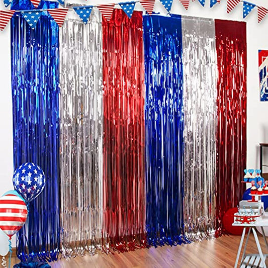LOLStar 4th of July Decorations; Red White and Blue 3 Pack Tinsel Foil Fringe Curtains; Photo Booth Prop Streamer Backdrop for America Patriotic Party; Memorial Day; Independence Day; Labor Day