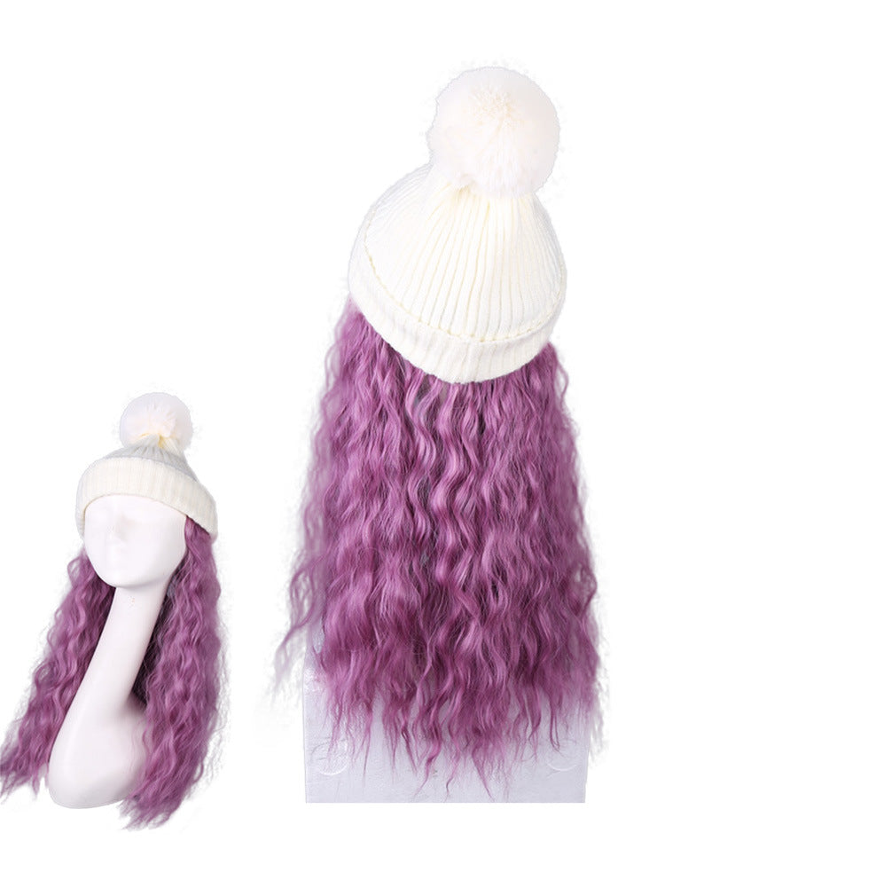 Womens Winter Knit Hat with Synthetic Long Curly Corn Wave Hair Attached, Grey Purple Wig Cap