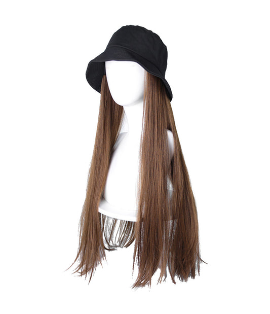 Pelo largo y liso marrón con sombrero de cubo, sombrero de peluca con extensión de pelo para mujeres y niñas, gorro de peluca
