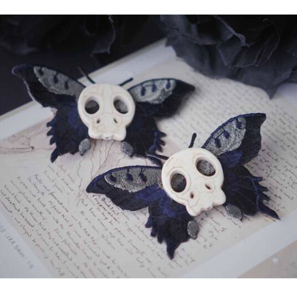 1 Pair Handmade Black Moth Skull Hair Clips Halloween Gothic Hair Clips Embroidered Bowknots Hair Pin