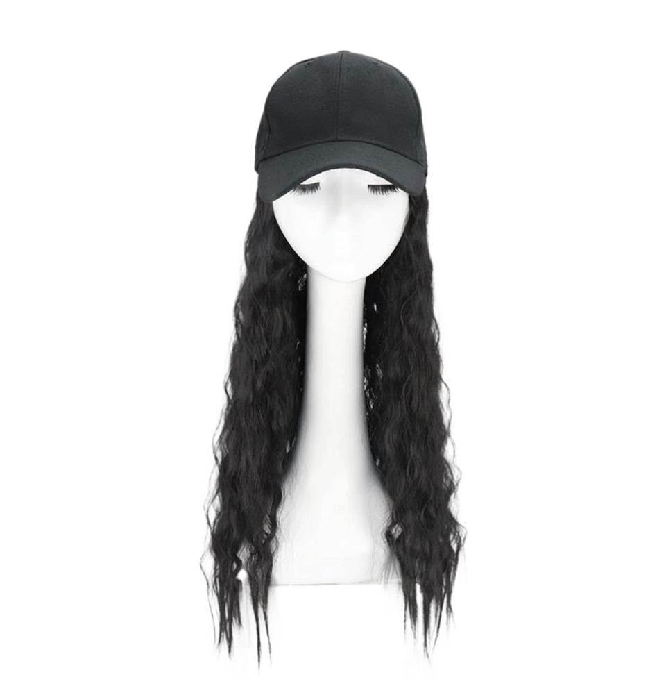 Synthetic Hair Extensions Long Curly Corn Wave Hair Attached With Baseball Cap, Nature Black Wig Cap