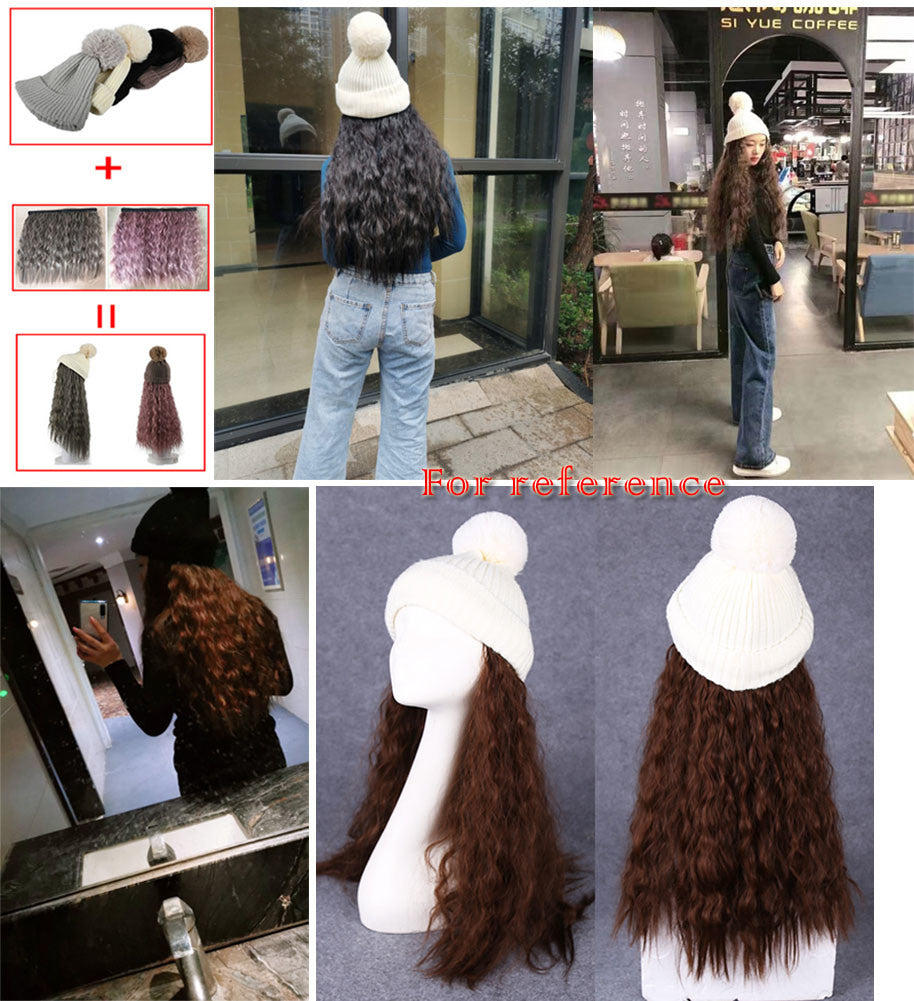 Womens Winter Knit Hat with Synthetic Long Curly Corn Wave Hair Attached, Light Brown Wig Cap