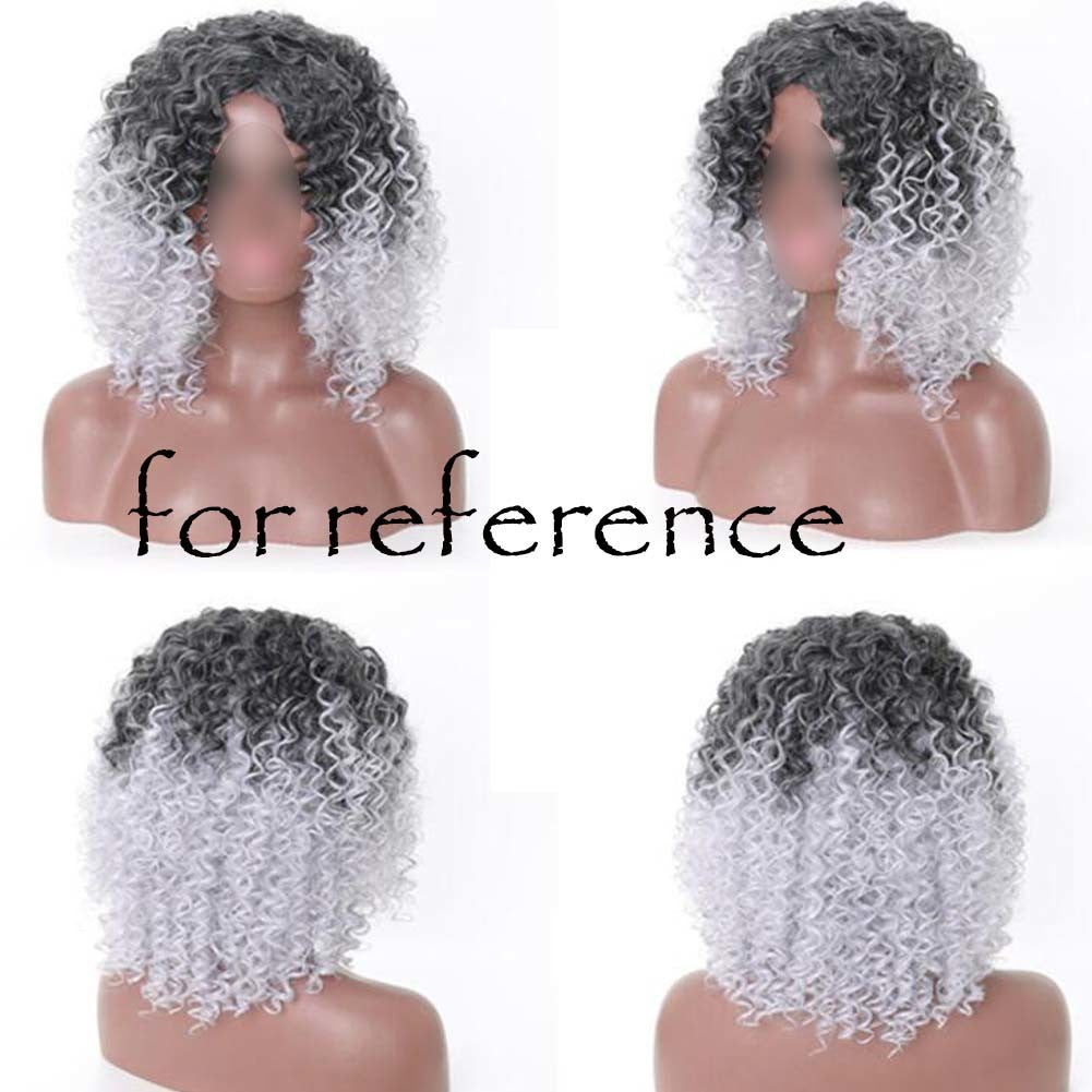 Black Grey Afro Hair Wig 2Tone Short Curly Fluffy Wigs with Bangs Synthetic Hair Full Wig,16 inch