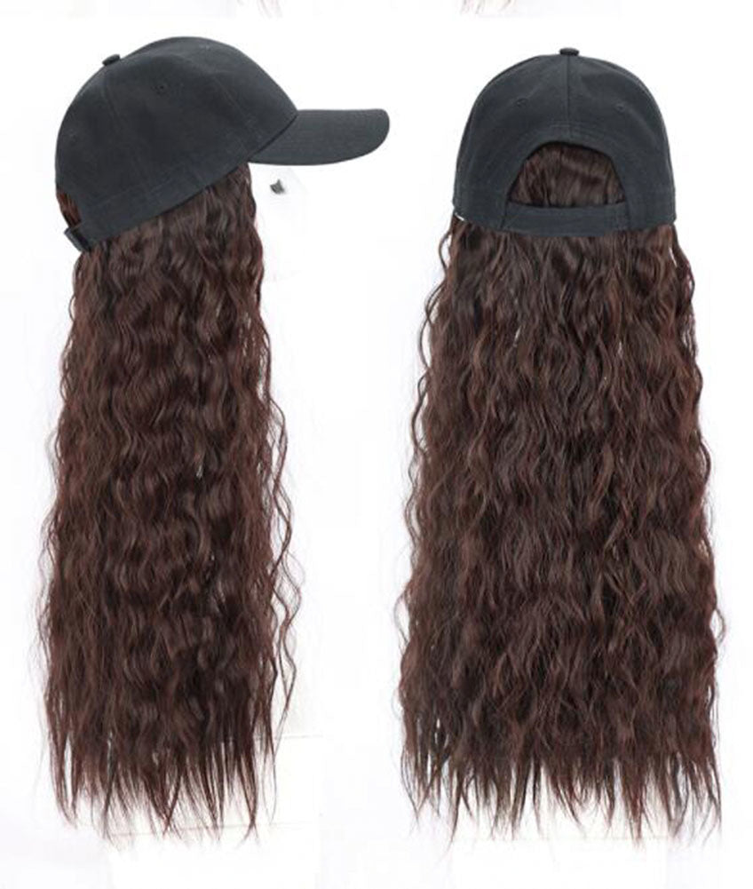 Synthetic Hair Extensions Long Curly Corn Wave Hair Attached With Baseball Cap, Dark Brown