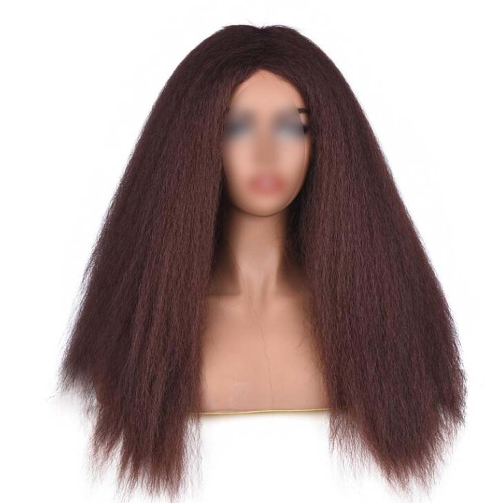 Afro Yaki Hair Straight Curly Wigs Dark Brown Long Full Wig Fluffy Synthetic Hair Wigs for Daily Wear, 24inch