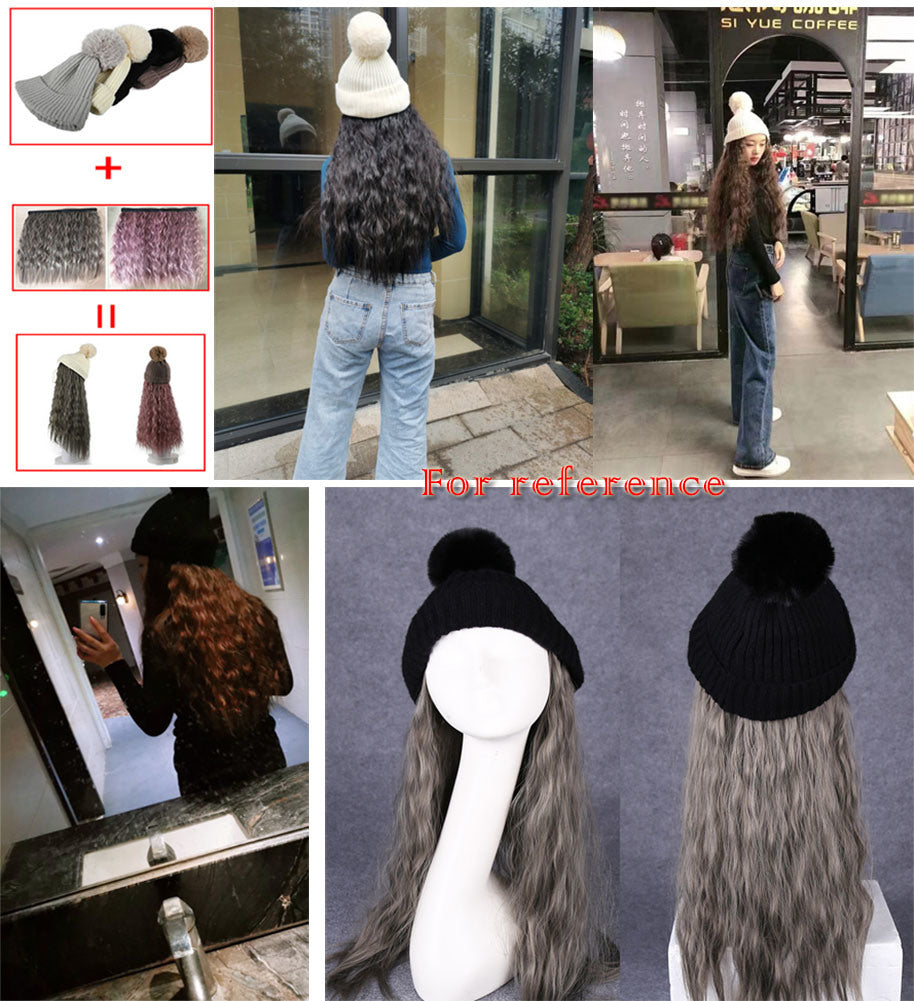 Womens Black Winter Knit Hat with Ombre Grey Synthetic Long Curly Corn Wave Hair Attached