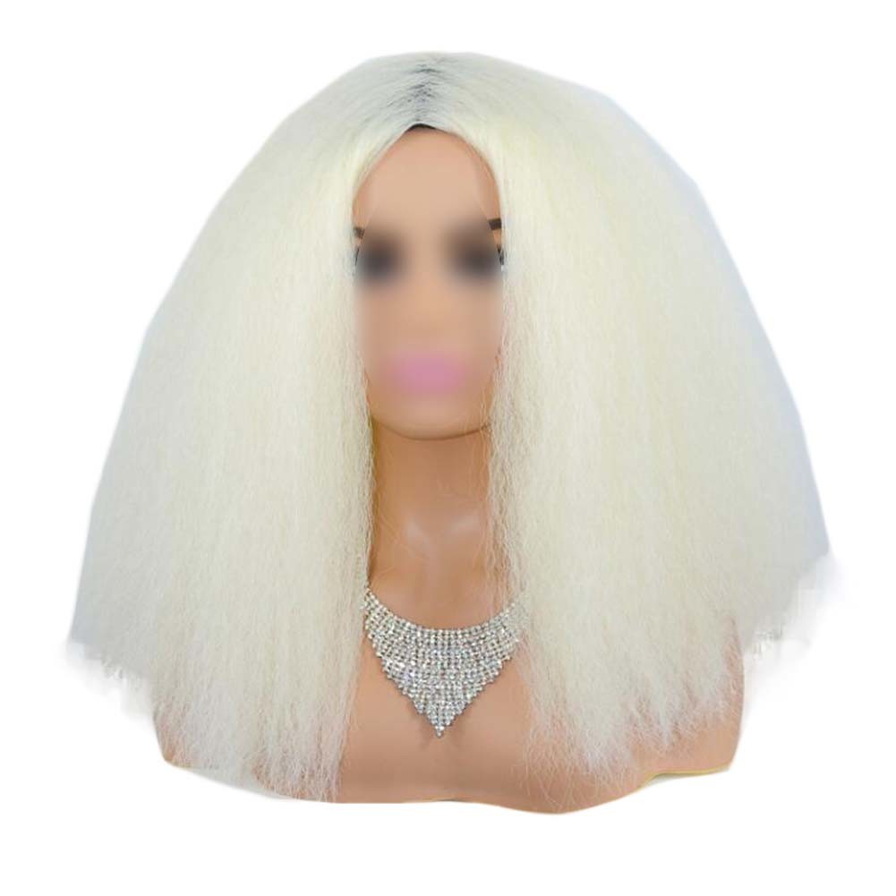 Beige White Afro Straight Bob Wigs Fluffy Synthetic Hair Yaki Straight Curly Medium Part Bang Full Wigs, 14Inch