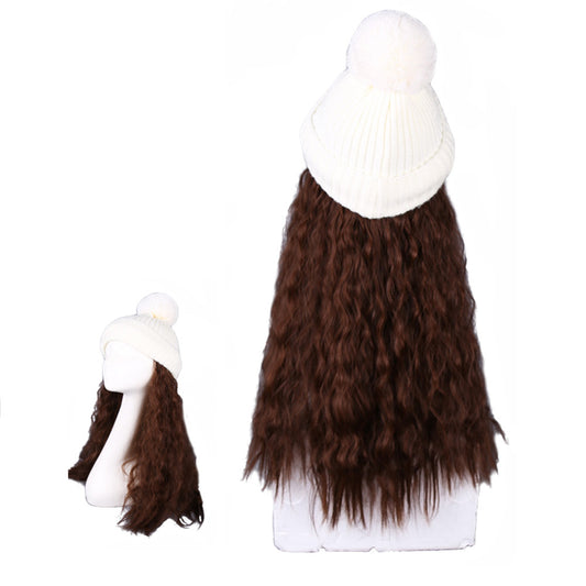 Womens Winter Knit Hat with Synthetic Long Curly Corn Wave Hair Attached, Light Brown Wig Cap