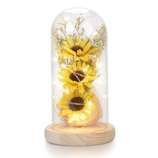Artificial Sunflower in Glass Dome with Lights ;  Eternal Sunflower Gifts for Women