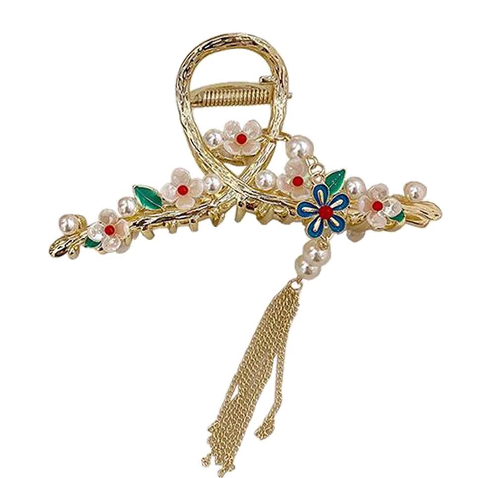 Hair Claw Clip with Tassel Elegant Metal Claw Clip Large Hair Jaw Clip, Flower-1