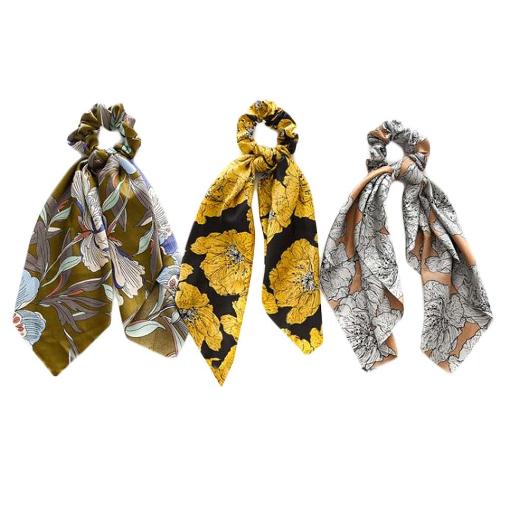3 Pcs Big Floral Satin Ribbon Scrunchies Retro Flowers Hair Knotted Scarf Scrunchies Polyester Hair Ties