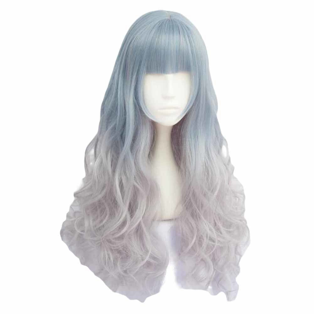 Fading Blue Ash Grey 65 cm 2 Tone Cosplay Full Wig Long Curly Hair Wig Halloween Dress Up