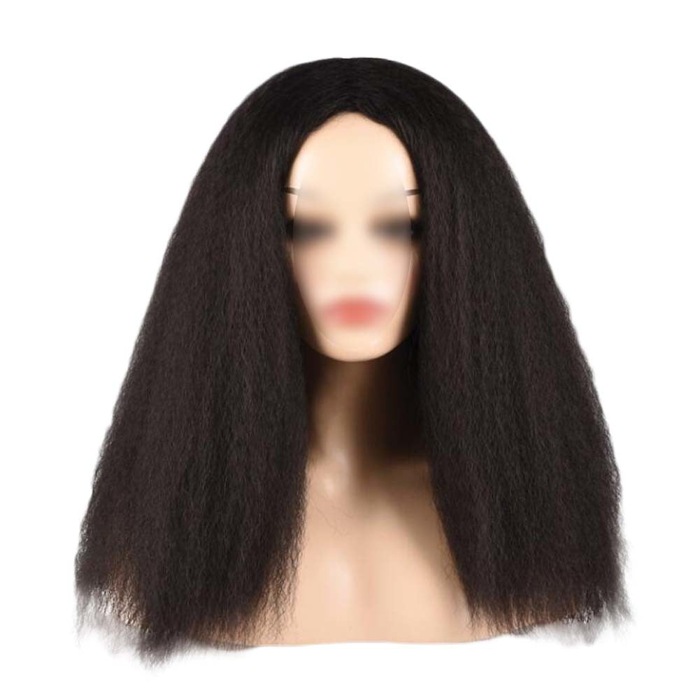 Afro Yaki Hair Straight Curly Wigs Brown Black Long Full Wig Fluffy Synthetic Hair Wigs for Daily Wear, 24inch