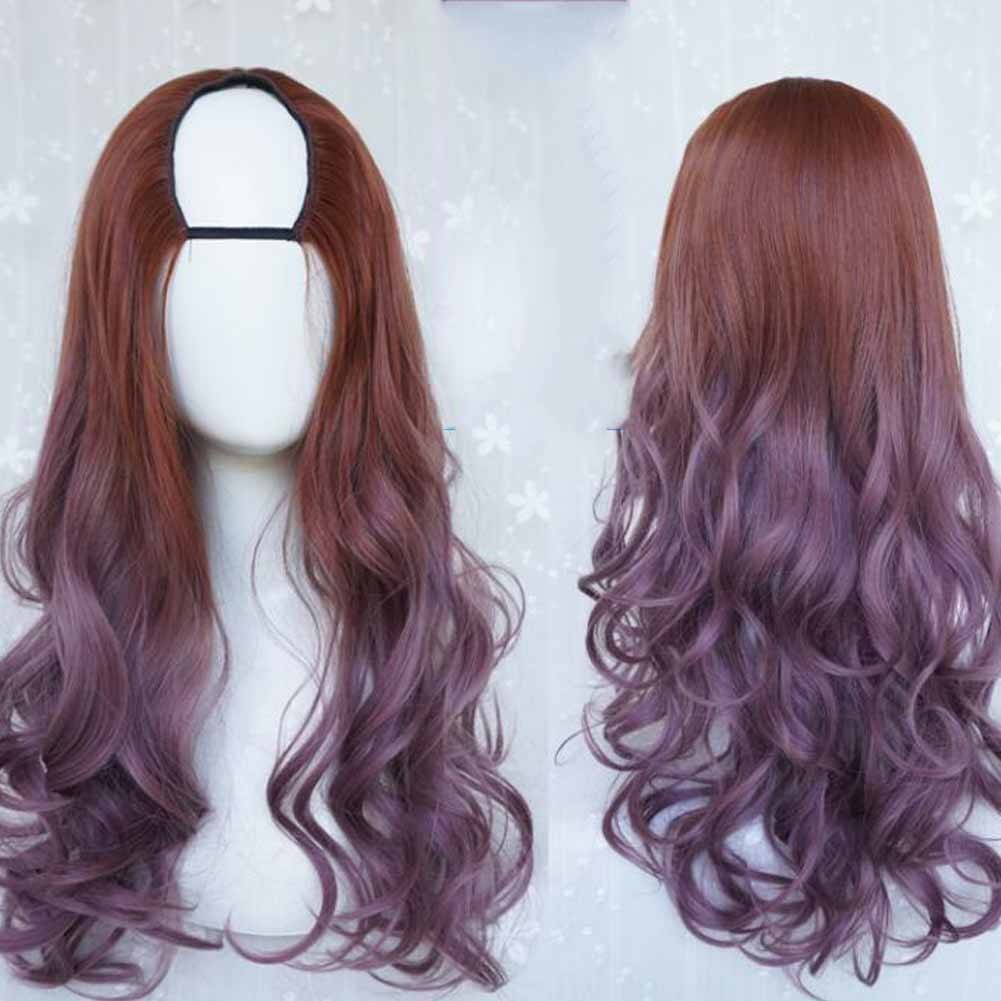 Light Brown Purple Ash 65 cm U Shape 2 Tone Long Curly Hair Wig Cosplay Full Wig Halloween Dress Up