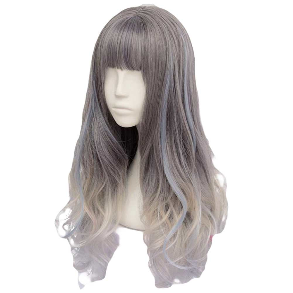 Fading Flaxen Highlights Blue 65 cm 2 Tone Cosplay Full Wig Long Curly Hair Wig Halloween Dress Up