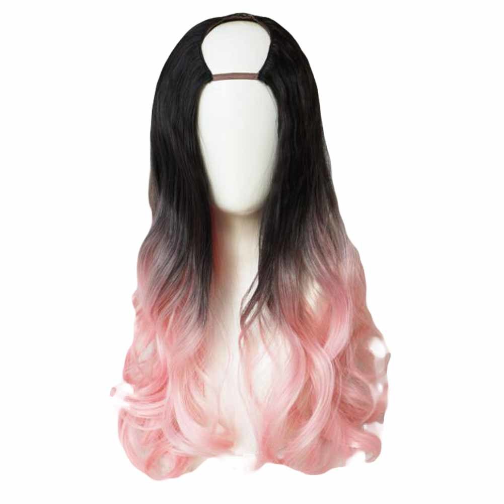 Rosa negro 65 cm en forma de U 2 tonos peluca de pelo largo y rizado peluca completa sintética Cosplay Halloween Dress Up
