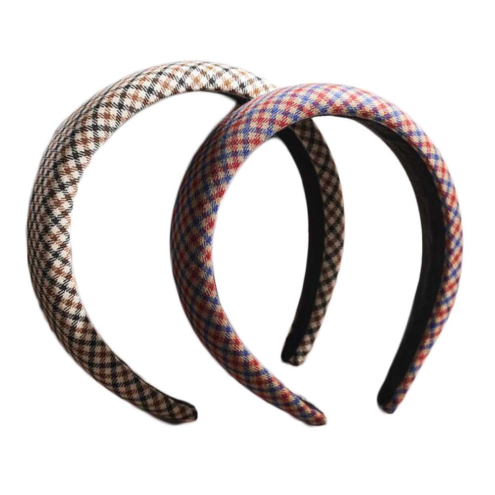 2 Pcs Thickened Plaid Headband Winter Vintage Wide Hairband Padded Headband Checkered Hair Hoops for Women Girls Hair Accessories