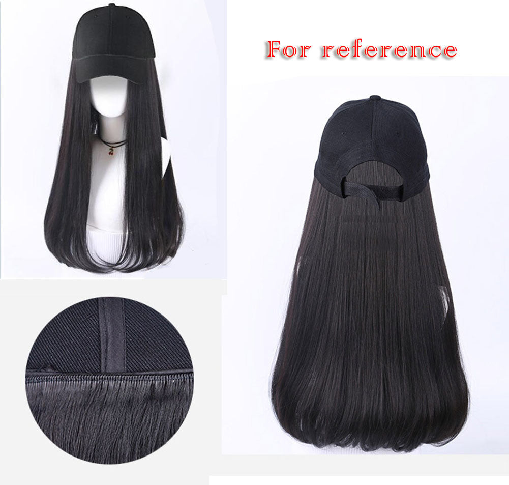 Womens Baseball Cap With Natural Black Long Hair Attached Synthetic Hair Extensions Wig Cap
