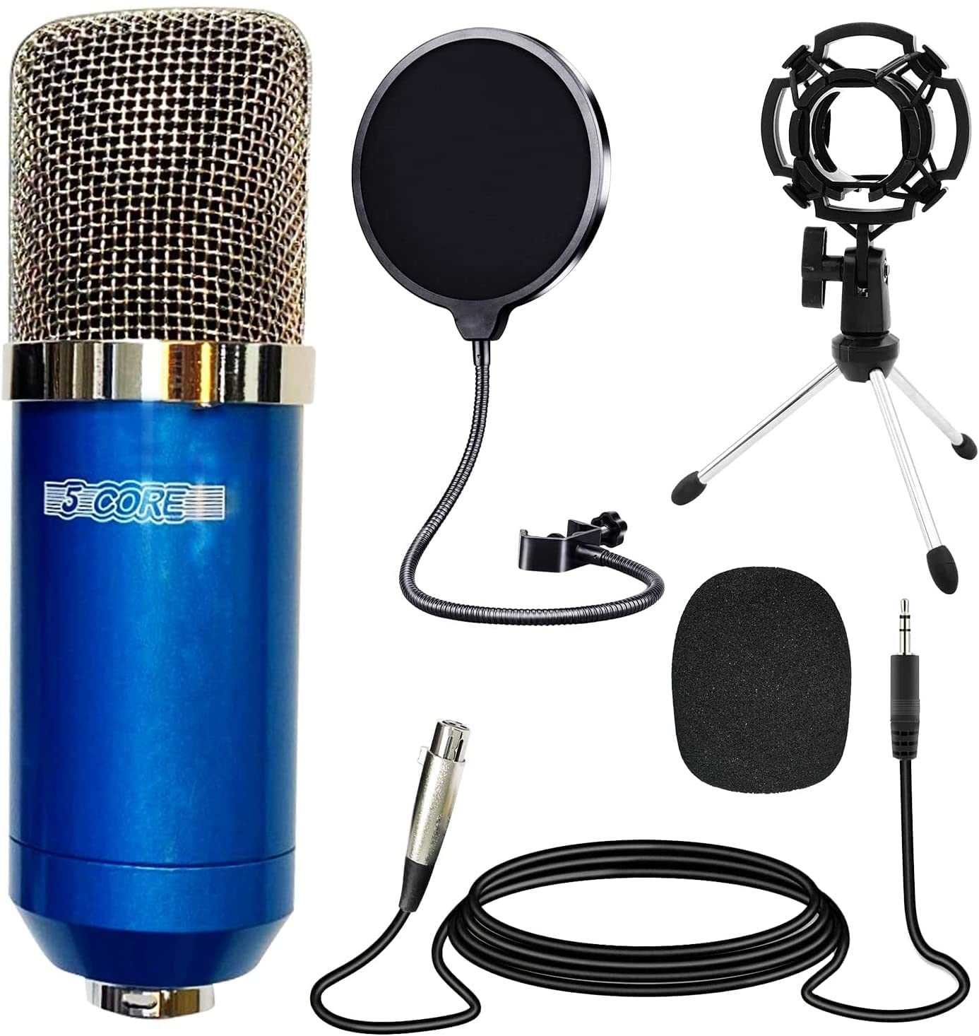 XLR Microphone Condenser Mic for Computer PC Gaming; Podcast Desktop Tripod Stand Kit for Streaming; Recording; Vocals; Voice; Cardioids Studio Microphone 5 Core RM 7 BLU