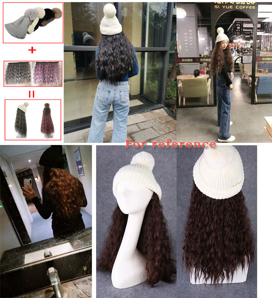 Womens Winter Knit Hat with Synthetic Long Curly Corn Wave Hair Attached, Brown Wig Cap