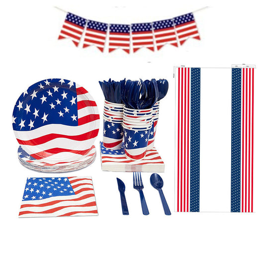 Party Supplies Dinnerware Set for July 4th Decorations; Patriotic Party; independence day Party Decoration include Plates;  Napkins;  Cups;  Tableware; Table runner; hanging flags
