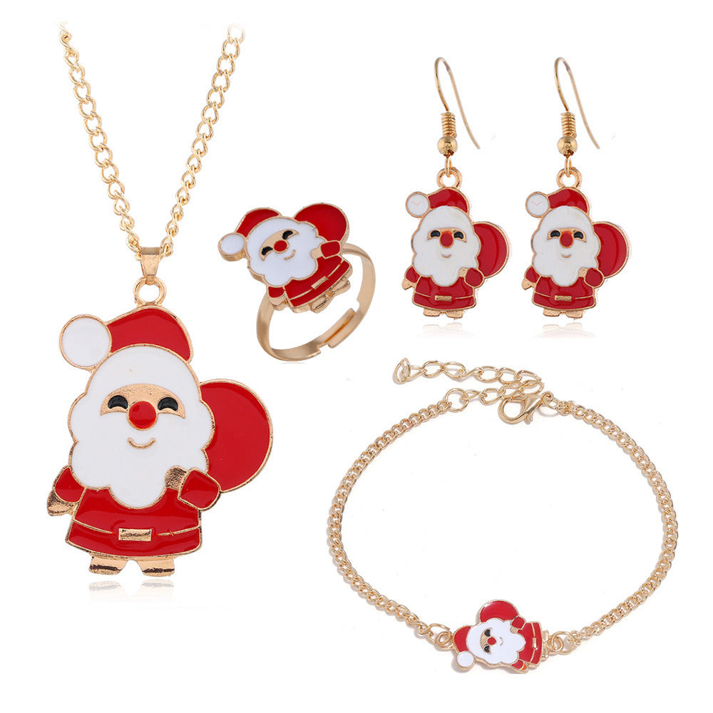 Euro American Cross border Christmas Series Earrings Necklace Bracelet Ring Set Santa Claus Elk Bell Gift Jewelry