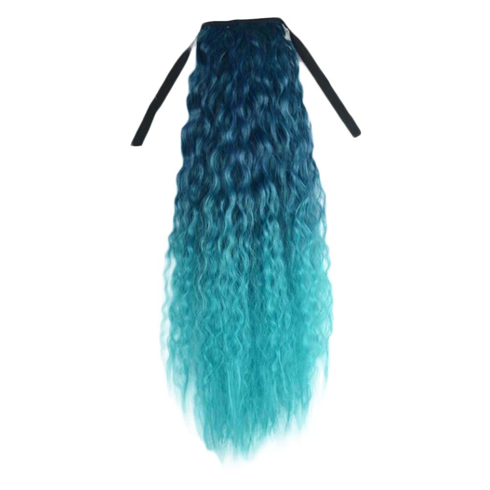 Wavy Curly Wrap Around Ponytail Wig Extension Woman Drawstring Synthetic Hair Extension Fluffy Hairpiece,Gradient Peacock Green