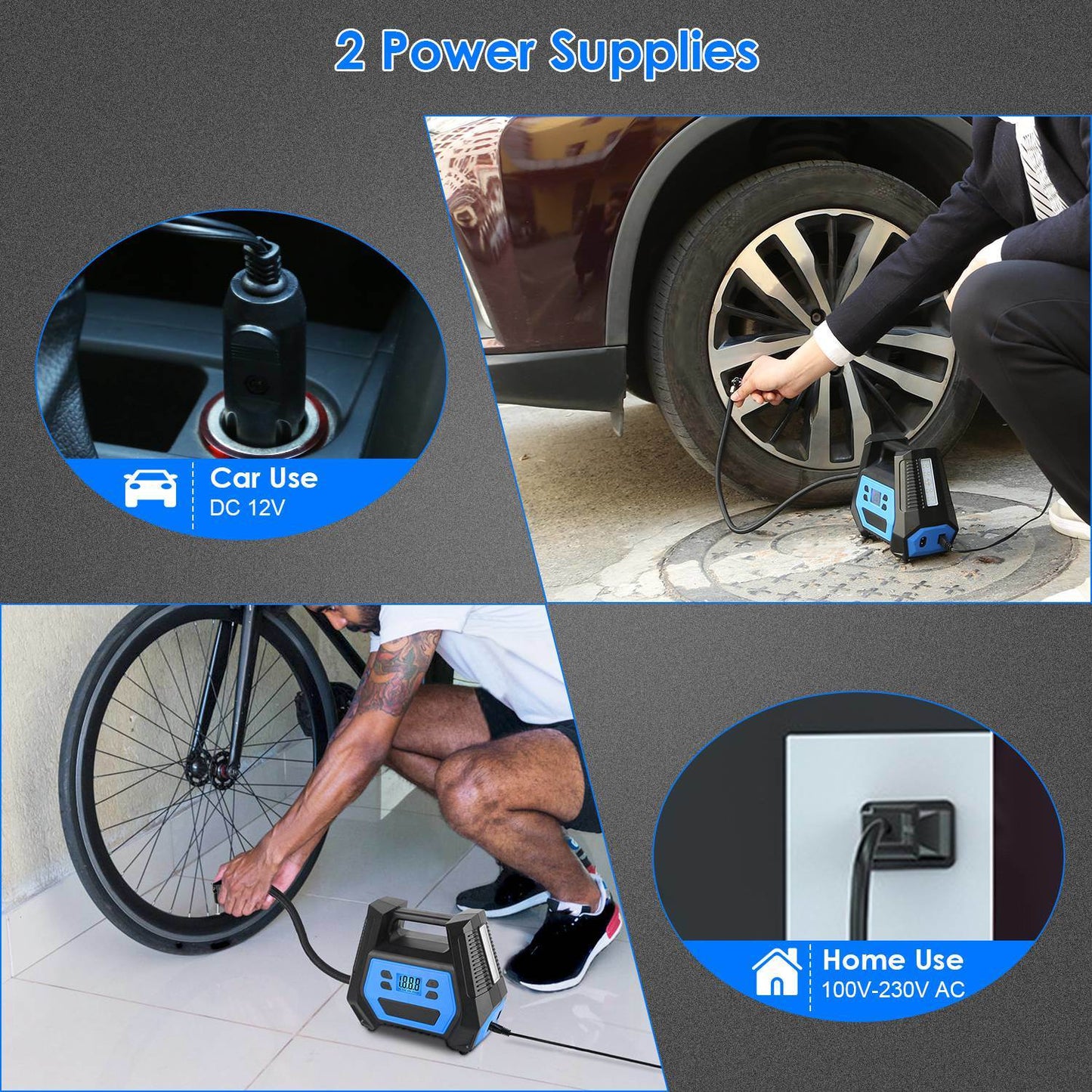Portable Tire Inflator 150 PSI 120W Max Power Tire Pump with Digital Display LED Light Inflatable Nozzle Needle Fuse Air Compressor for Bikes Motorbikes Cars Balls