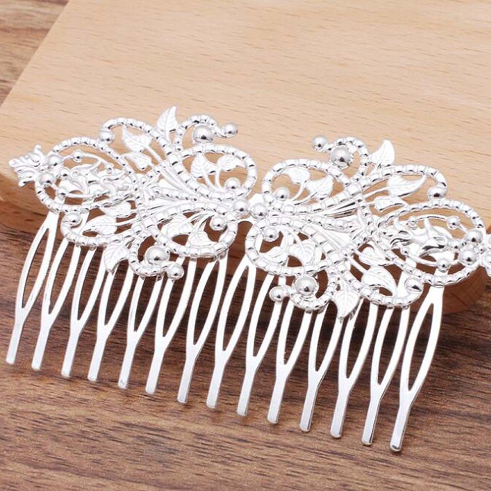 2 Pcs Vintage Metal 14 Teeth Side Comb Flower Vine Cirrus Hairpin Decorative Comb, Silver Hair Pin