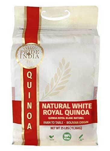 Quinoa blanca real boliviana natural - Bolsas a granel de 25 libras - Granos dorados enteros prelavados con sabor audaz 6 g de proteína 3 g de fibra - Valor excelente Más de 250 porciones por bolsa por Pride Of India