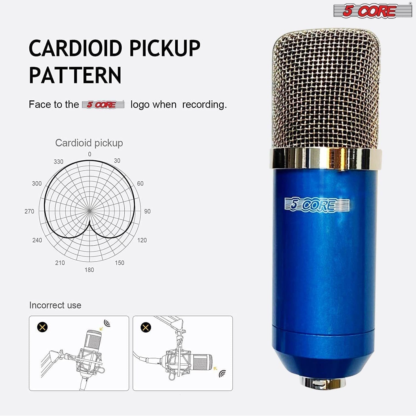 XLR Microphone Condenser Mic for Computer PC Gaming; Podcast Desktop Tripod Stand Kit for Streaming; Recording; Vocals; Voice; Cardioids Studio Microphone 5 Core RM 7 BLU
