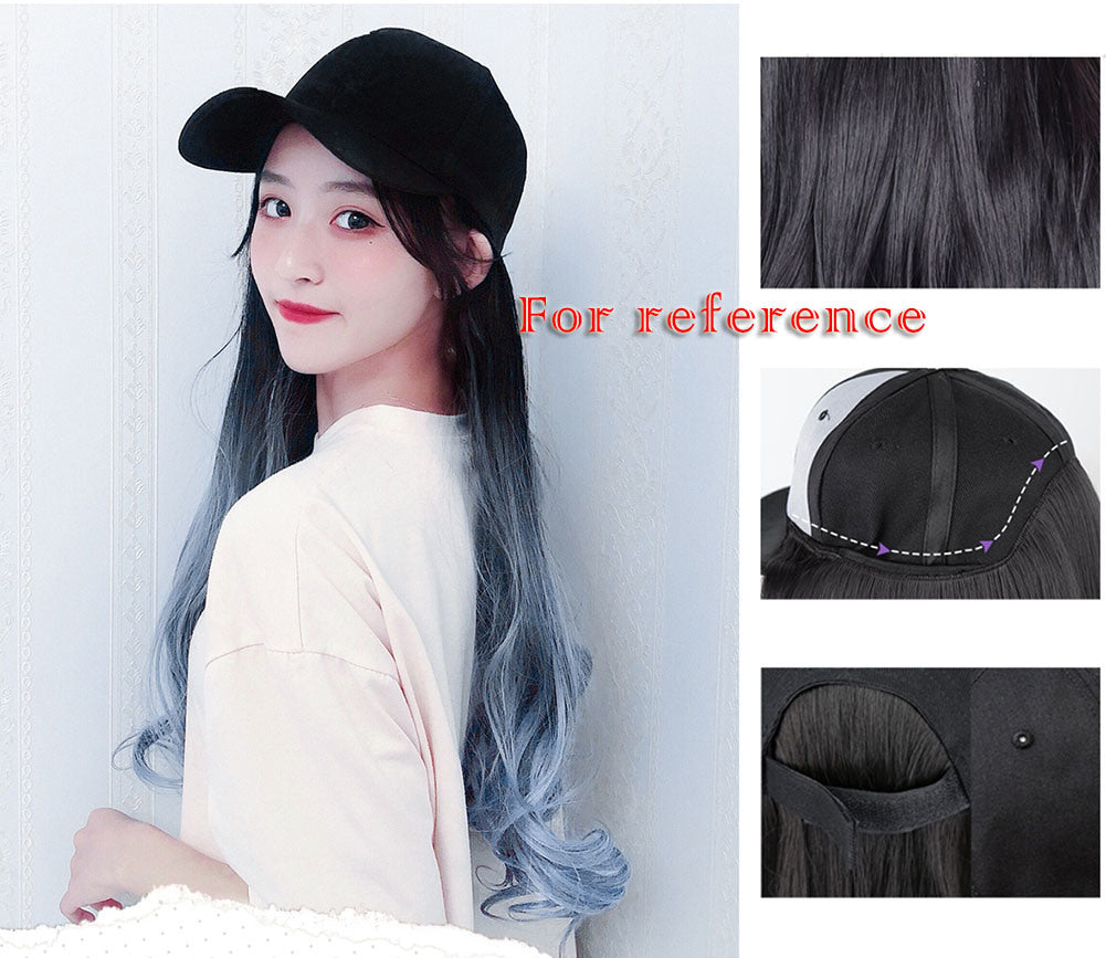 Black Baseball Cap with Pink Long Wavy Wig Mixed Color Synthetic Hair Extension Hat Wig Cap