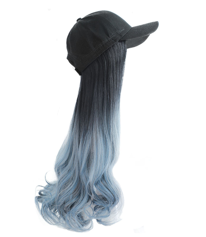 Black Baseball Cap with Grey Blue Long Wavy Wig Mixed Color Synthetic Hair Extension Hat Wig Cap