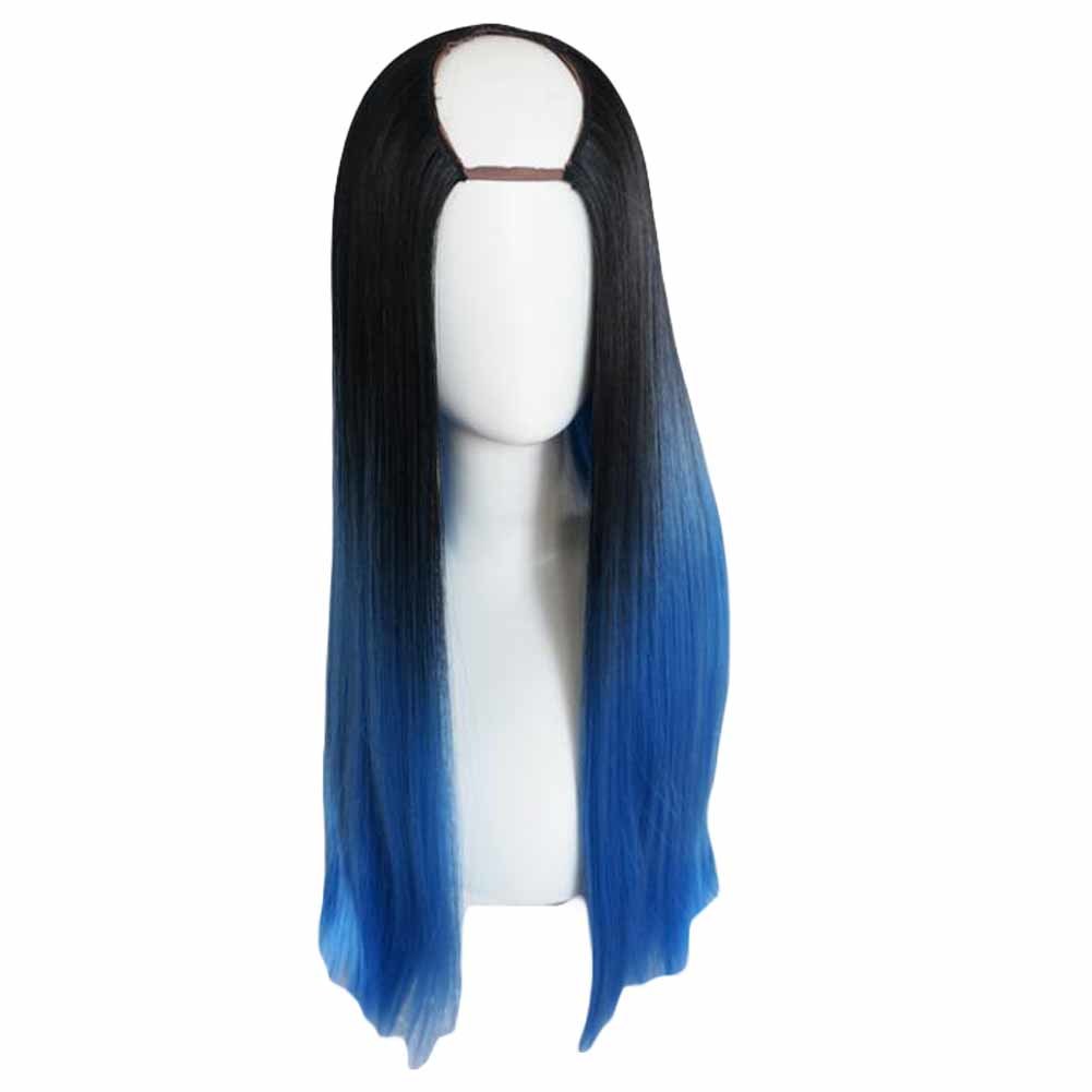 Black Blue 65 cm U Shape 2 Tone Cosplay Full Wig Long Straight Hair Wig Halloween Dress Up