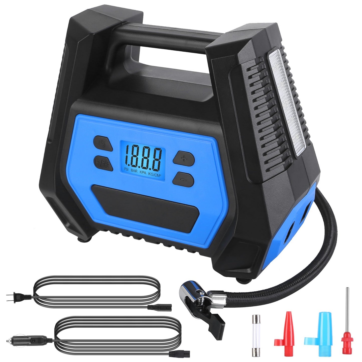 Portable Tire Inflator 150 PSI 120W Max Power Tire Pump with Digital Display LED Light Inflatable Nozzle Needle Fuse Air Compressor for Bikes Motorbikes Cars Balls