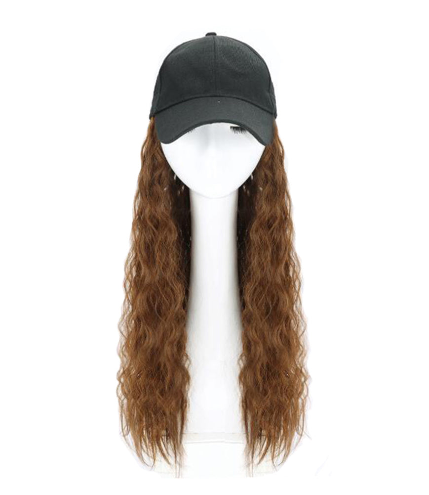 Synthetic Hair Extensions Long Curly Corn Wave Hair Attached With Baseball Cap, Dark Brown Wig Cap