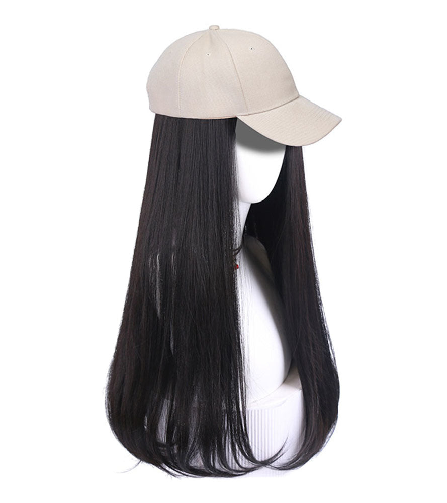 Womens Baseball Cap With Natural Black Long Hair Attached Synthetic Hair Extensions Wig Cap