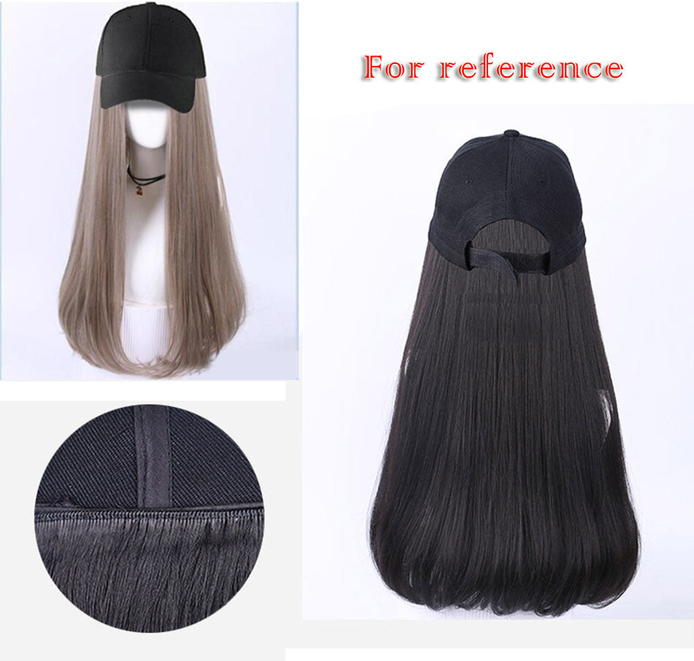 Womens Beige Baseball Cap With Ombre Grey Long Hair Attached Synthetic Hair Extensions Wig Cap