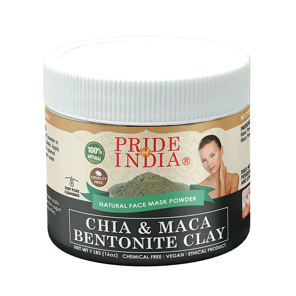 Chia & Maca Bentonite Clay Natural Face Mask Powder, 1 Pound (454gm) Jar by Pride Of India