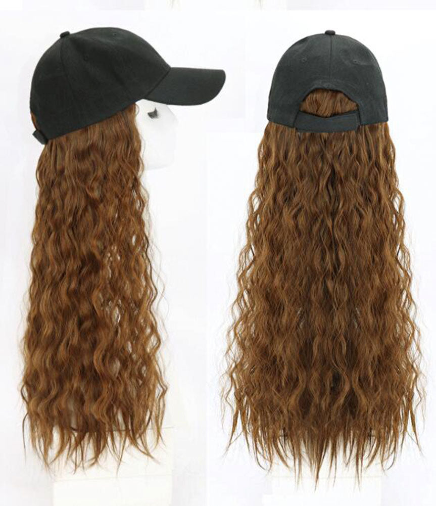 Synthetic Hair Extensions Long Curly Corn Wave Hair Attached With Baseball Cap, Dark Brown Wig Cap